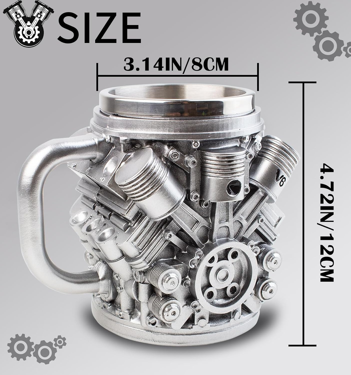 V6 Engines Stainless Steel Coffee Cup, 14 OZ Coffee Mug With Handle, Car V6 Engine Design Coffee Cup, Unique Heavy-duty Metal Cup Gift for Car Enthusiasts