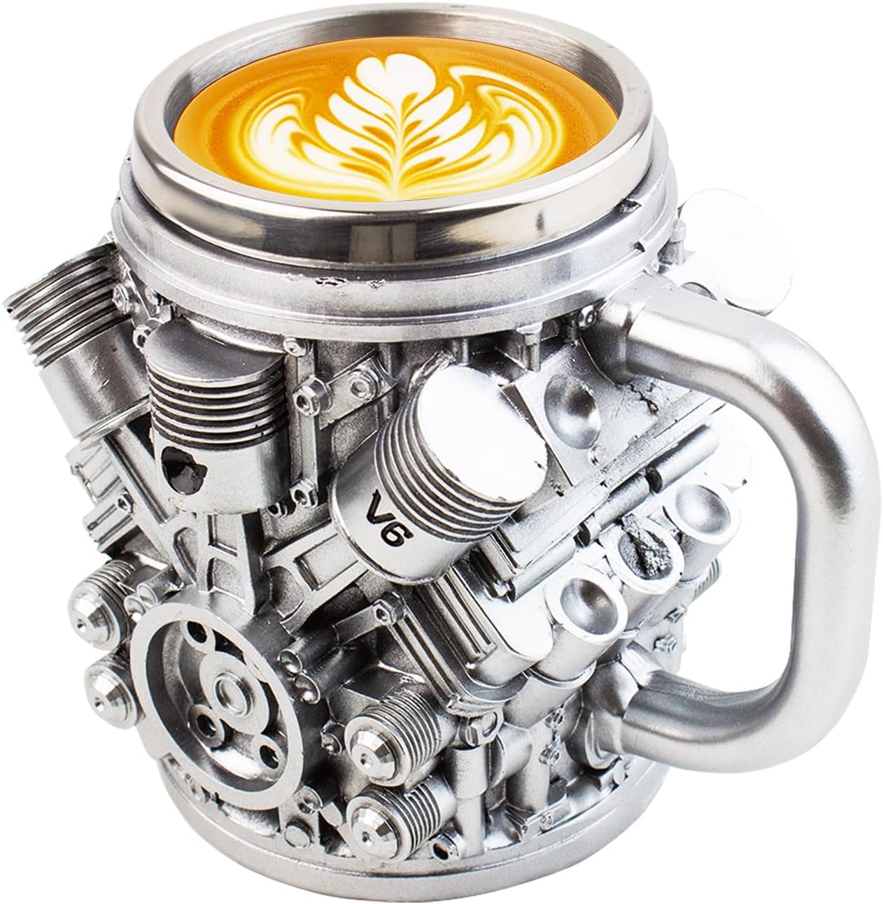 V6 Engines Stainless Steel Coffee Cup, 14 OZ Coffee Mug With Handle, Car V6 Engine Design Coffee Cup, Unique Heavy-duty Metal Cup Gift for Car Enthusiasts