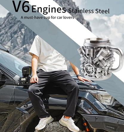 V6 Engines Stainless Steel Coffee Cup, 14 OZ Coffee Mug With Handle, Car V6 Engine Design Coffee Cup, Unique Heavy-duty Metal Cup Gift for Car Enthusiasts